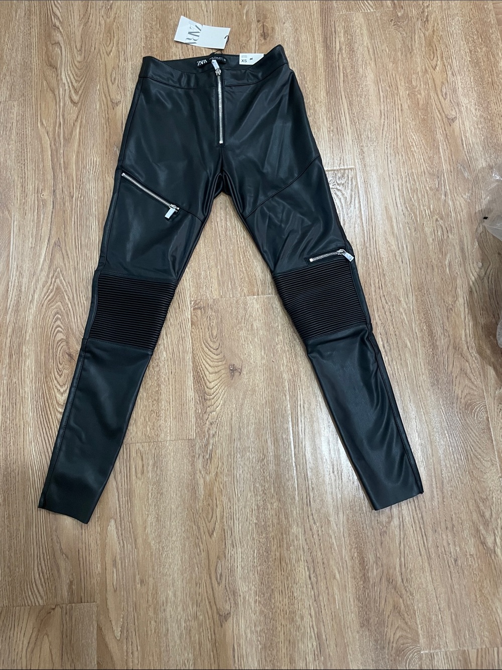 Zara Black Faux Leather Moto Pants with Ribbed Knee Panels